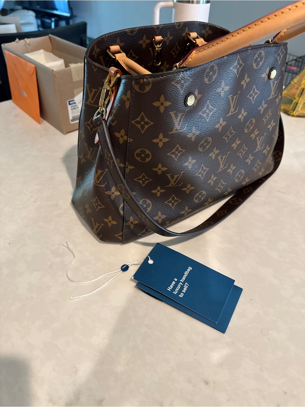 Louis Vuitton MM Montaigne Monogram Canvas Shoulder Tote in Brown and Gold - Picture 3 of 7
